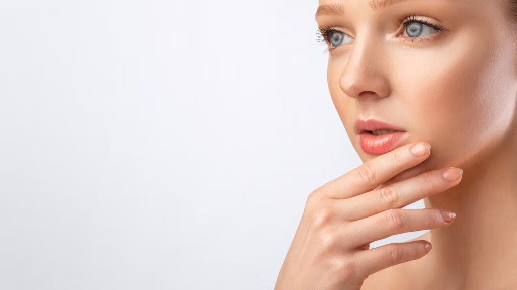 Femme avec un maquillage parfait posant touchant le menton, fond gris, recadrée, soins du visage. Jolie jeune femme avec un maquillage parfait posant touchant le menton et regardant de côté l'espace libre pour le texte sur fond gris de Studio. Panorama, recadré