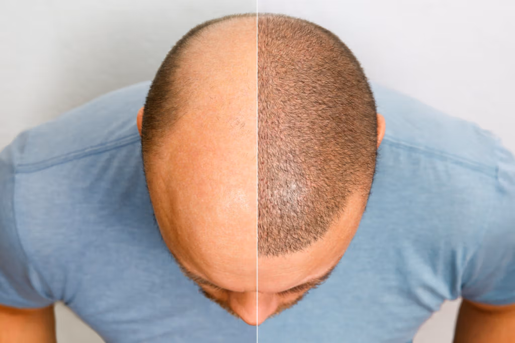 Before-and-after comparison of hair growth treatment. Left: Bald head. Right: Significant hair regrowth. Person wearing a light blue t-shirt.