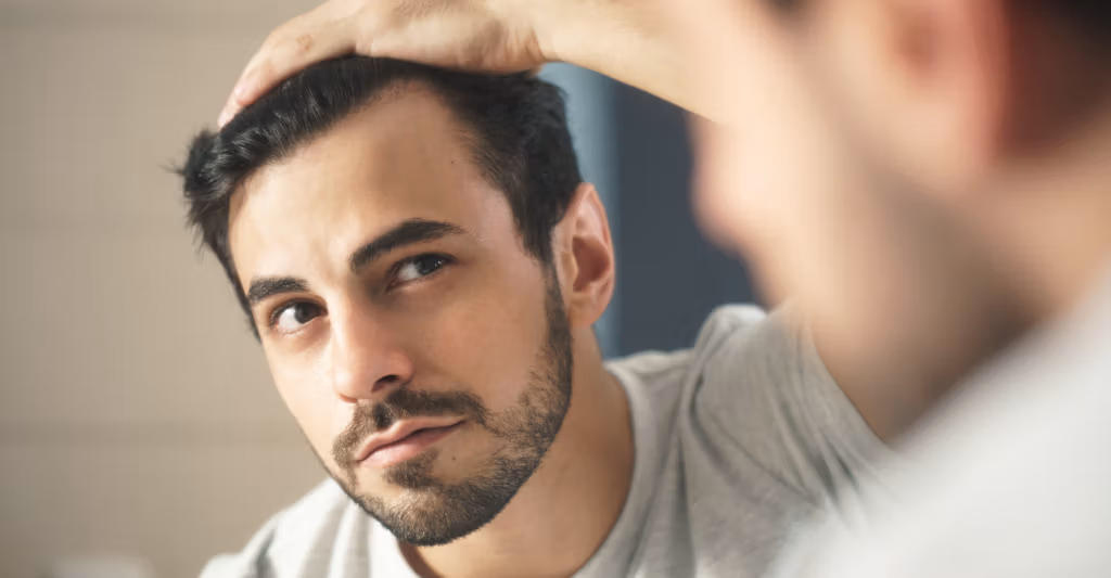A young man with a concerned expression looks into a mirror, checking his hairline with his hand raised to his forehead.