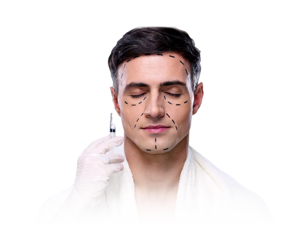 Un hombre con marcas quirúrgicas en la cara recibiendo una inyección, probablemente para un tratamiento cosmético o médico.