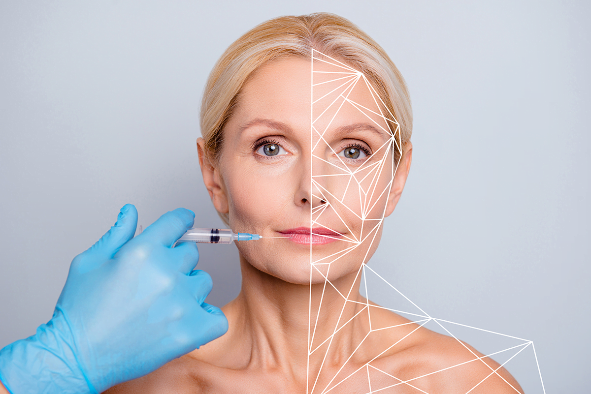 A medical professional with blue gloves injecting a substance into a woman's cheek. The image is split, showing the woman's face on the left and a geometric facial mapping on the right.