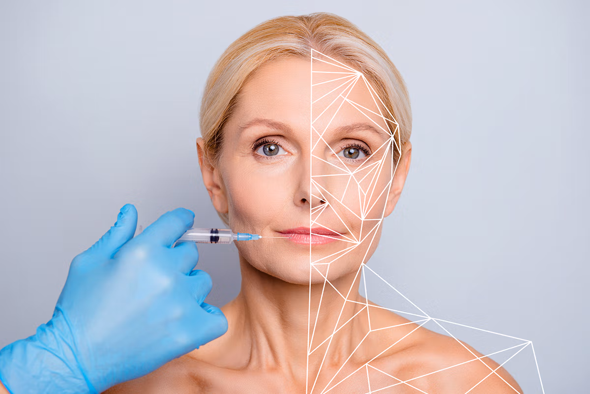 Un profesional médico con guantes azules inyecta una sustancia en la mejilla de una mujer. La imagen está dividida: el rostro de la mujer a la izquierda y un mapeo facial geométrico a la derecha.