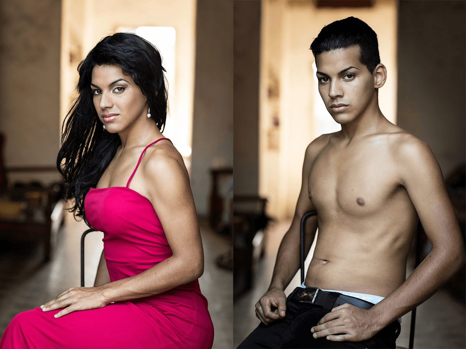 A side-by-side comparison of two individuals. On the left, a person with long, dark hair wearing a bright pink dress sits elegantly in a chair, posing confidently. On the right, a shirtless person with short dark hair stands holding a pair of black pants, displaying a serious expression.