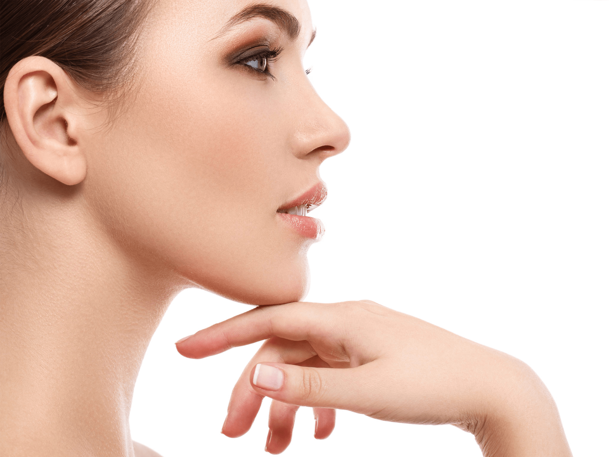 A woman with smooth skin gently touching her chin with her fingers.