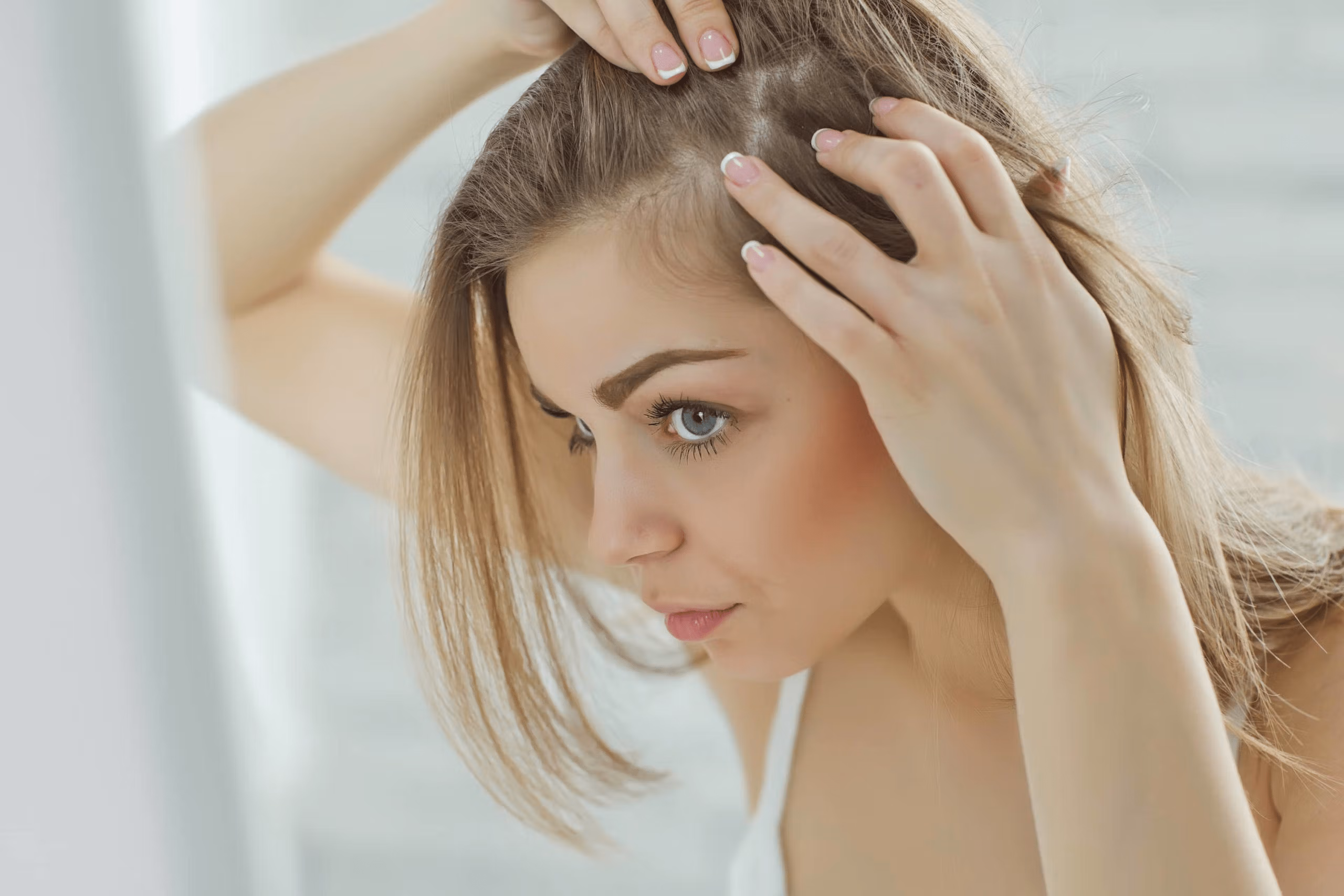 A woman with light brown hair checking her scalp, possibly for signs of hair thinning or dandruff.