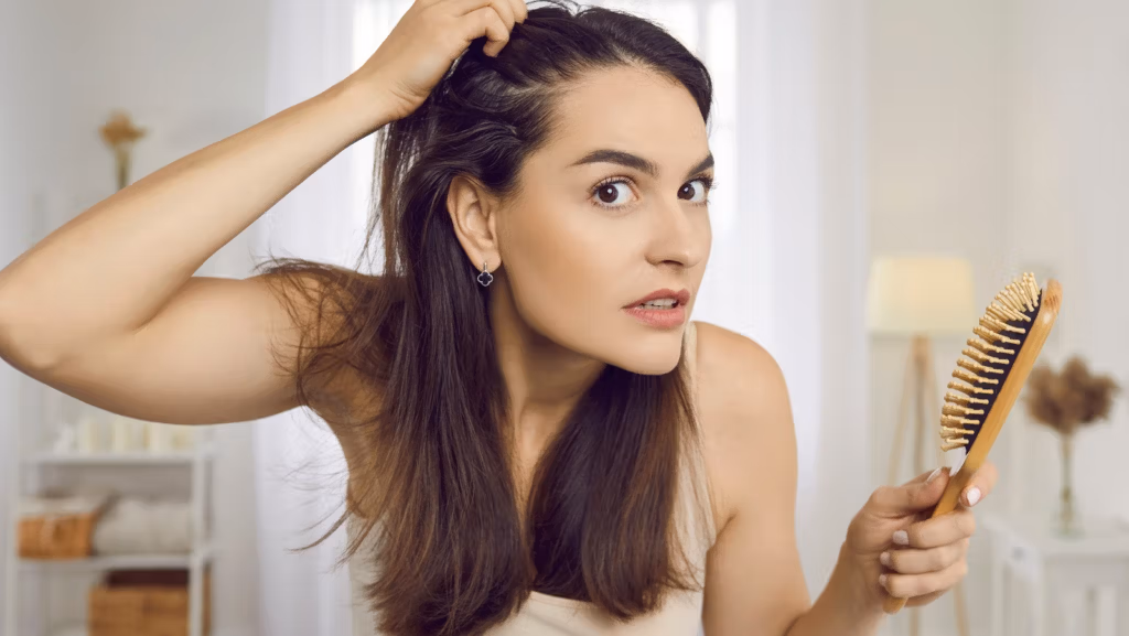 Una mujer con cabello largo y castaño sostiene un cepillo de madera y parece estar cepillándose o peinándose el cabello.