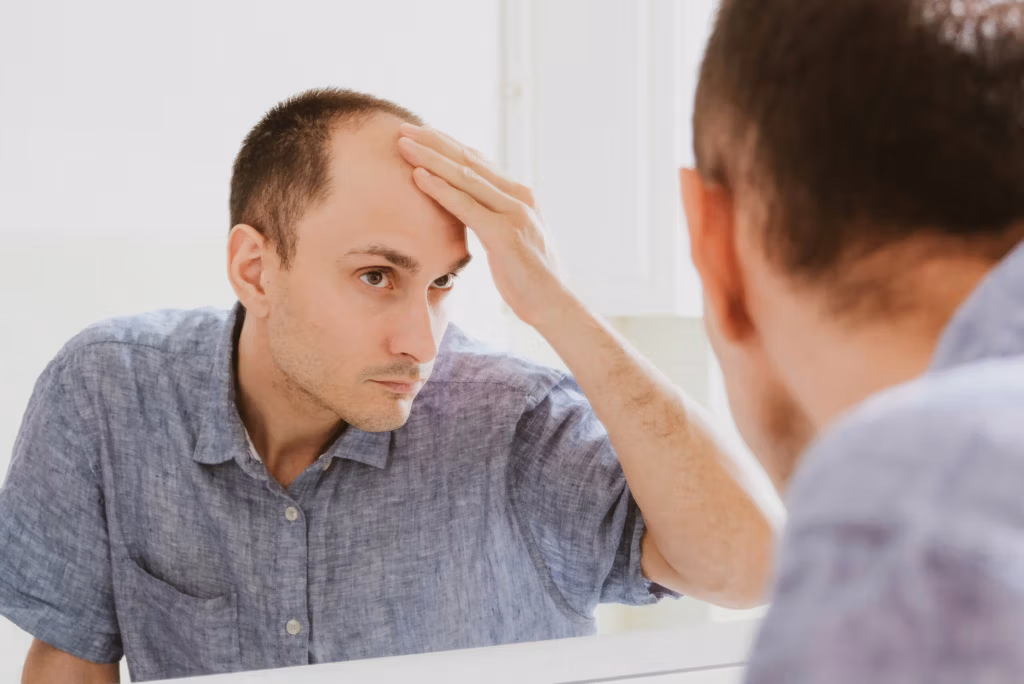 Man checking hairline in the mirror