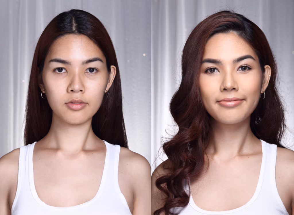 Comparaison avant/après de l'apparence d'une jeune femme. À gauche, elle a les cheveux lisses et un maquillage minimal ; à droite, elle a les cheveux ondulés et un maquillage complet, ce qui met en évidence la transformation.