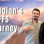 A man and a woman standing together with the man pointing at something in the distance. Text overlay reads: 'Ghiulgian's FFS Journey'. The background features a blurred sunset or sunrise with warm colors.