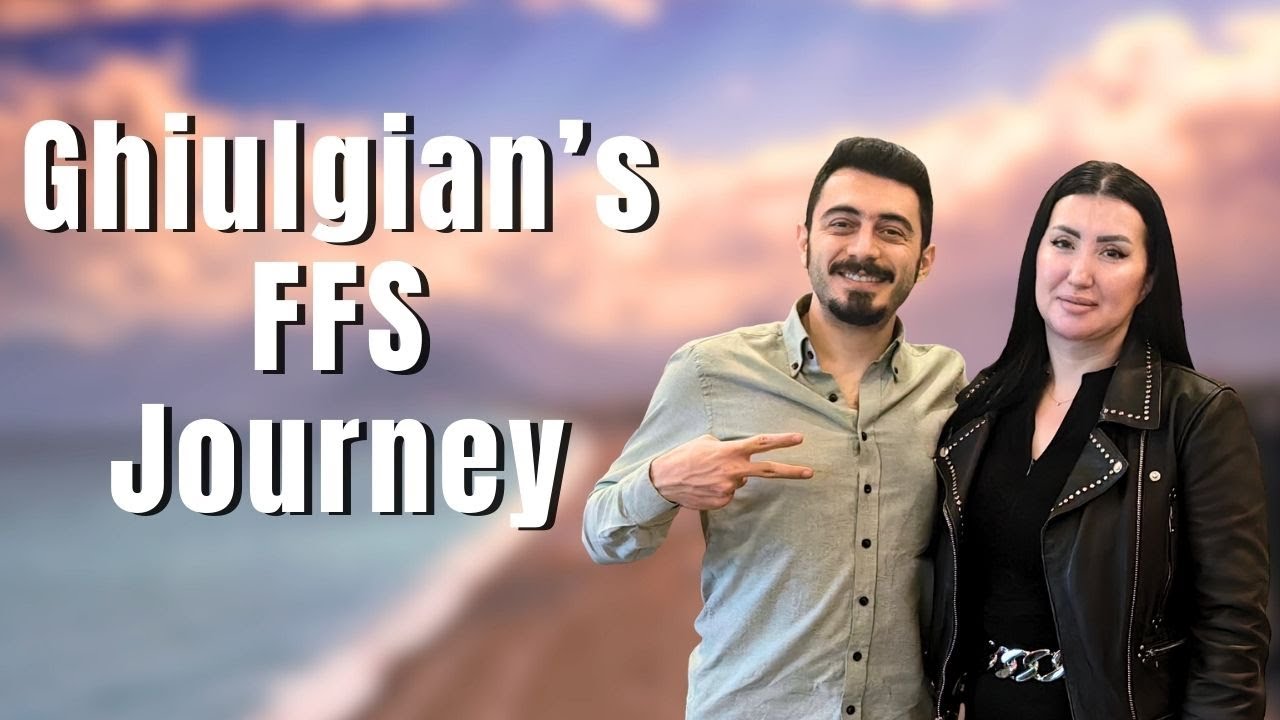 Een man en een vrouw staan samen, waarbij de man naar iets in de verte wijst. De tekst overlay luidt: 'Ghiulgian's FFS Journey'. De achtergrond toont een wazige zonsondergang of zonsopgang met warme kleuren.