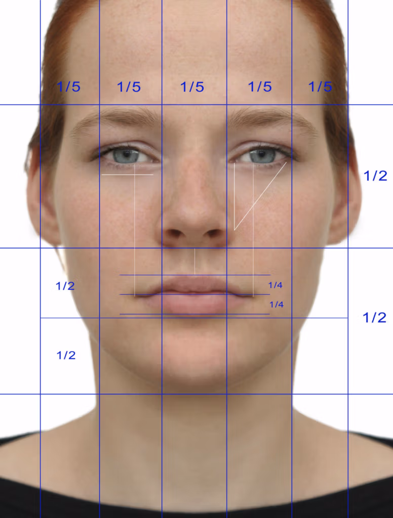 Diagrama de análisis facial que muestra una vista frontal del rostro de una persona superpuesta con una cuadrícula azul y anotaciones de medición. La cuadrícula divide el rostro en secciones iguales, tanto horizontal como verticalmente. Las secciones horizontales están etiquetadas con fracciones como 1/2 y 1/4, que indican medidas proporcionales. Las secciones verticales están etiquetadas con fracciones como 1/5, que muestran las proporciones del ancho facial. Los rasgos faciales clave, como los ojos, la nariz y la boca, están resaltados con líneas blancas y anotaciones, que muestran proporciones y alineaciones faciales específicas.