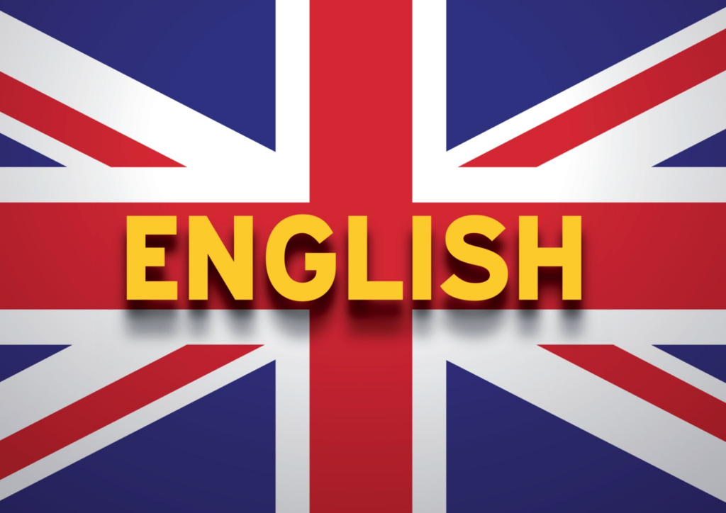 رسم توضيحي للعلم البريطاني مع كلمة "ENGLISH" بأحرف صفراء غامقة في المنتصف.