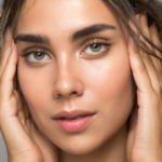 Nahaufnahme einer jungen Frau mit reiner Haut, die ihr Gesicht mit beiden Händen hält. Sie hat grüne Augen, dichte Augenbrauen und welliges braunes Haar. Der Hintergrund ist schlicht und hell und lenkt den Blick auf ihre Gesichtszüge.