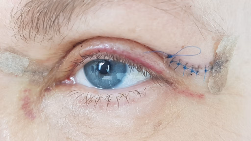 Imagen de primer plano de un ojo humano con suturas azules visibles cerca del ángulo externo, lo que indica una intervención quirúrgica reciente. El ojo se ve ligeramente enrojecido e irritado, con algo de hinchazón alrededor de la zona suturada.