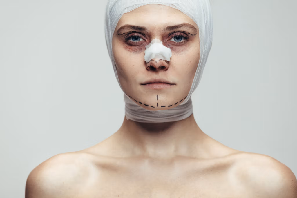 Une femme avec des bandages médicaux enroulés autour de la tête et du cou, après une opération, avec des ecchymoses visibles et un pansement nasal.