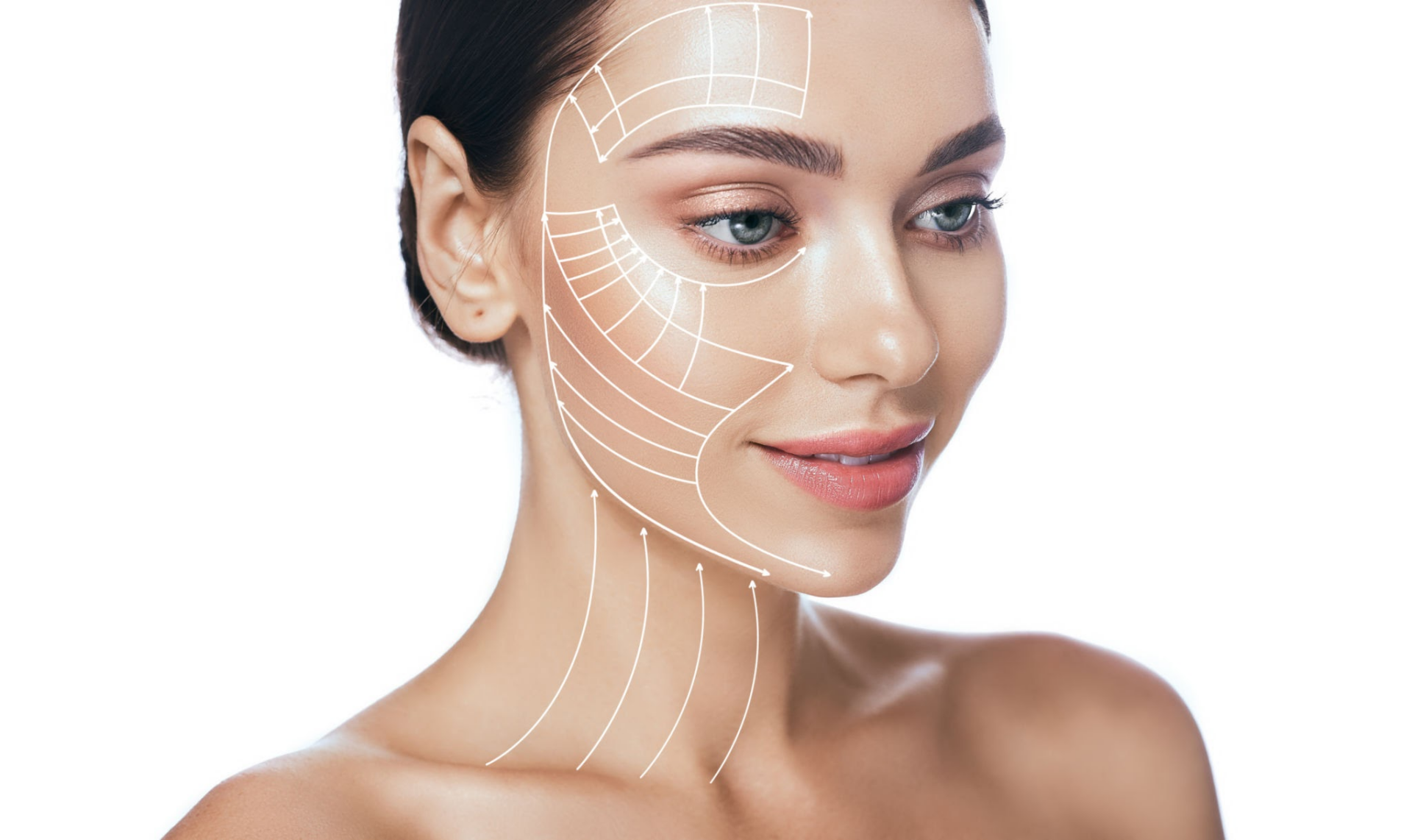 Un volto femminile con linee sovrapposte che indicano le aree su cui potrebbero essere apportati potenziali interventi di chirurgia estetica. L'immagine evidenzia specifiche regioni del viso che potrebbero essere sottoposte a valutazione per miglioramenti estetici.