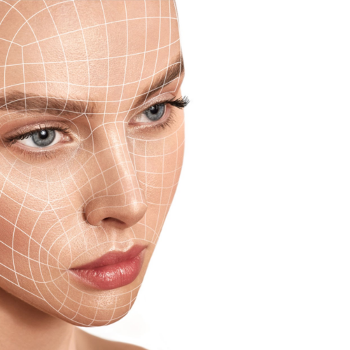 A woman's face with a digital grid overlay, emphasizing facial structure and symmetry.