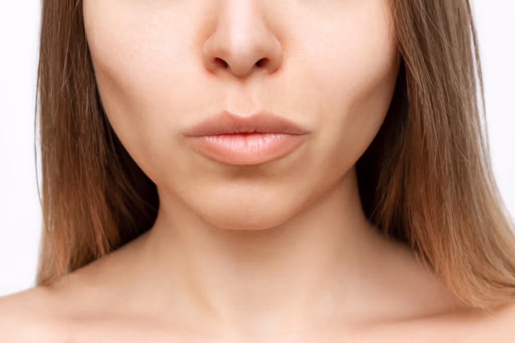 A close-up image of a woman's lower face, showcasing a smooth and youthful appearance of the lips, chin, and jawline on a clean, neutral background.