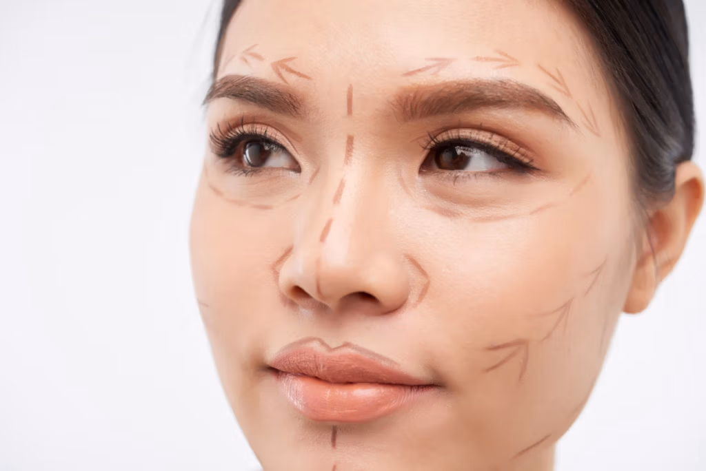 A close-up image of a woman's face with pre-operative markings for cosmetic surgery on her forehead, eyes, and cheeks.