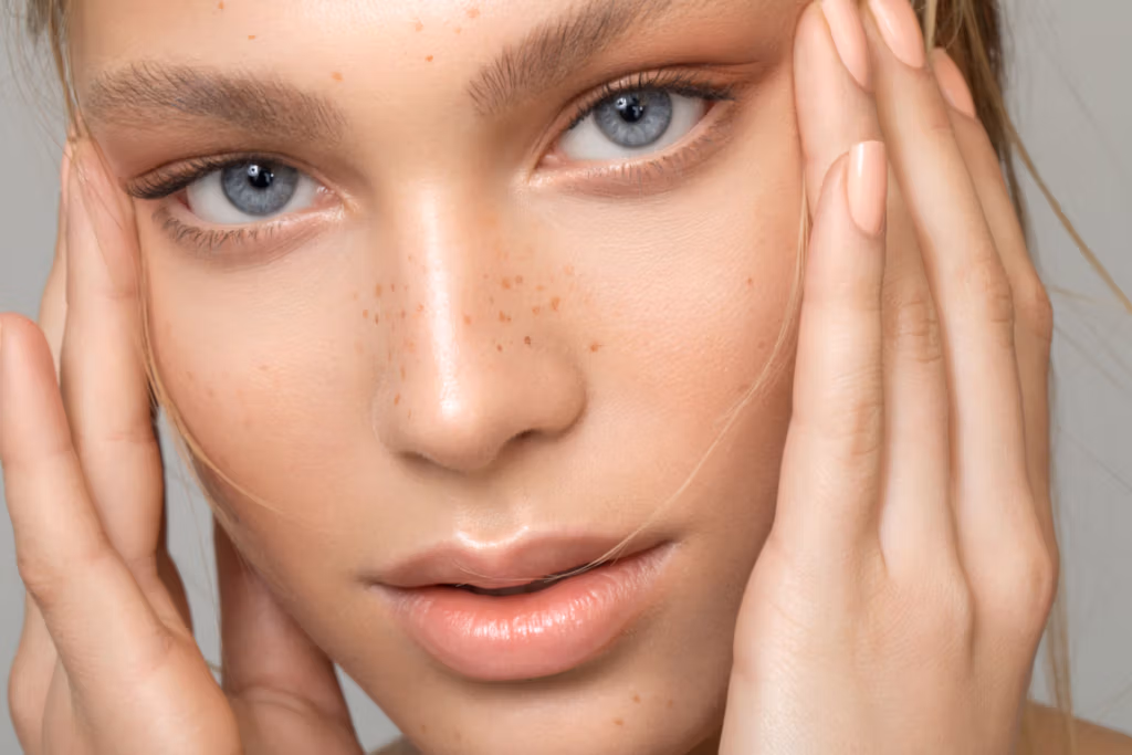 Retrato en primer plano de una joven de piel clara y pecosa, con llamativos ojos azules. Sus manos se posan suavemente sobre el rostro, enmarcando sus rasgos. El fondo es neutro, realzando su belleza natural y su tez radiante.