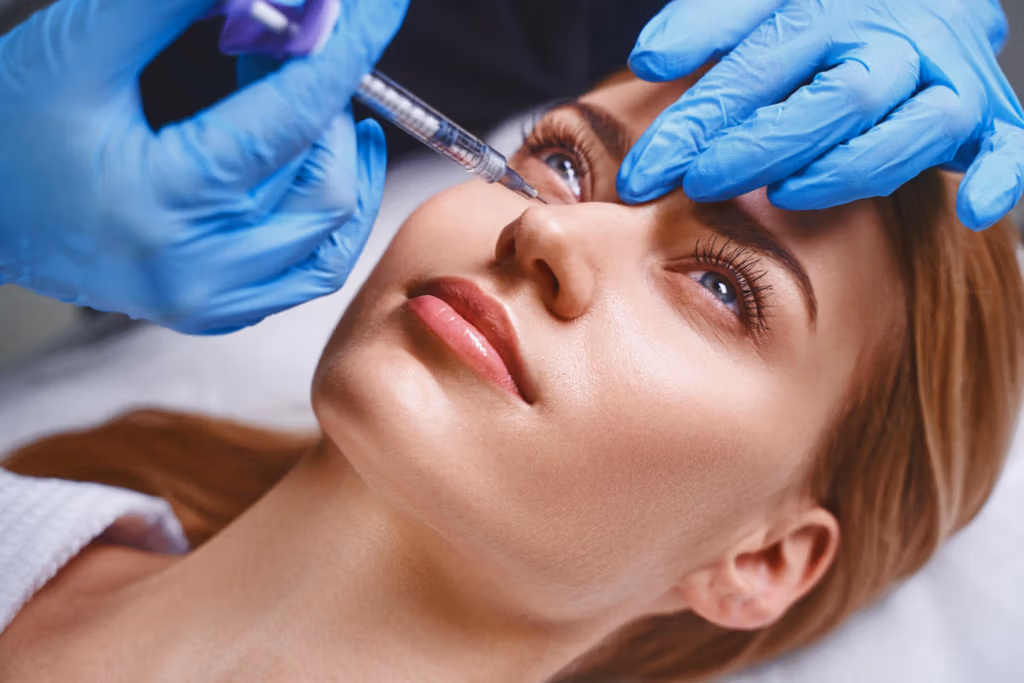 Imagen en primer plano de una persona recibiendo una inyección facial, probablemente un procedimiento cosmético, con un profesional sanitario que lleva guantes azules administrando la inyección cerca de la zona de la nariz.