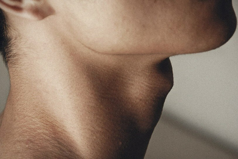 Una fotografía de primer plano del cuello de una persona, que muestra la textura detallada de la piel y la parte inferior del mentón.