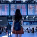 aeropuerto, mujer, vuelo