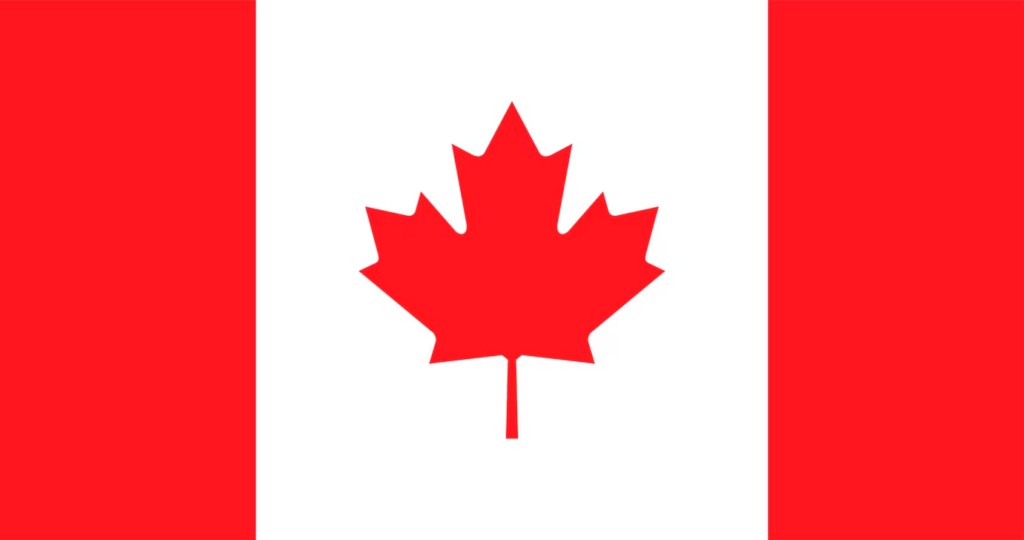 Beyaz bir arka plan üzerinde stilize edilmiş kırmızı akçaağaç yaprağının yer aldığı, iki dikey kırmızı çubuğun çevrelediği kırmızı ve beyaz bir bayrak.