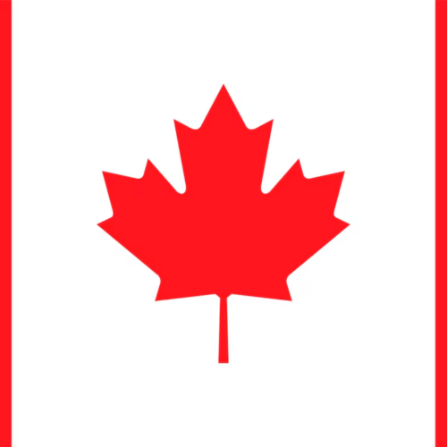 A red and white flag featuring a stylized red maple leaf centered on a white background, flanked by two vertical red bars.