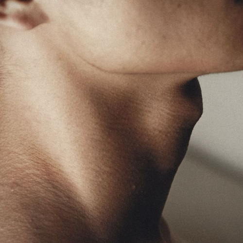 Close-up of a person's neck and lower jaw with short facial hair, highlighting skin texture against a plain background.