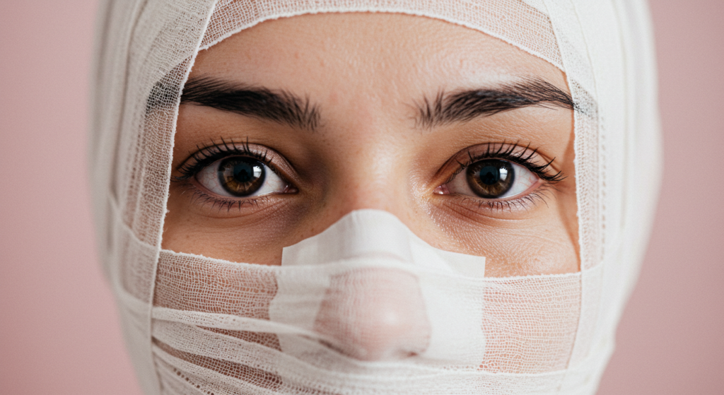 Primo piano di una persona con delle bende avvolte intorno alla testa, che coprono gran parte del viso, tranne occhi e sopracciglia.