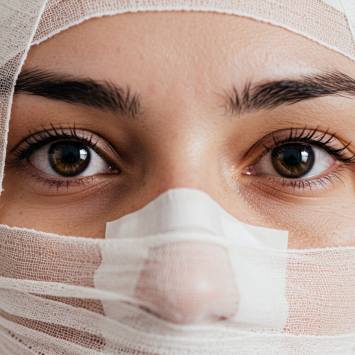 A close-up of a person with bandages wrapped around their head, covering most of their face, except for their eyes and eyebrows.