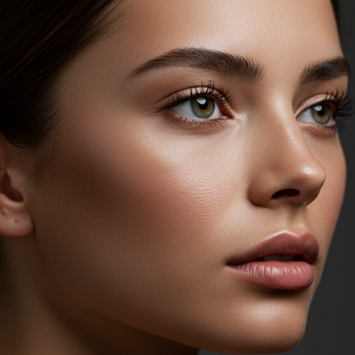 A close-up portrait of a young woman with smooth skin, prominent cheekbones, and long eyelashes, looking slightly to the side against a dark background.