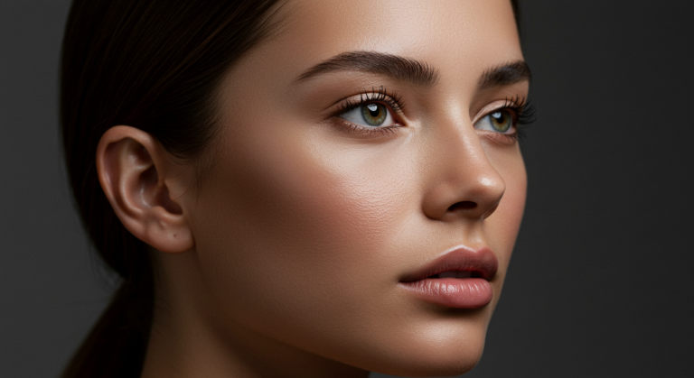 Ritratto ravvicinato di una giovane donna con pelle liscia, zigomi pronunciati e lunghe ciglia, che guarda leggermente di lato su uno sfondo scuro.