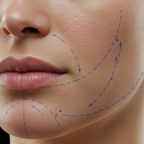 Close-up image of a woman's face with blue dotted lines marking areas for cosmetic procedures, focusing on the cheeks and jawline. The background is dark, highlighting the facial features.
