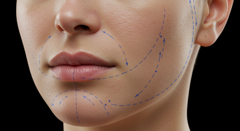 Primer plano del rostro de una mujer con líneas punteadas azules que marcan las zonas para procedimientos cosméticos, con énfasis en las mejillas y la mandíbula. El fondo oscuro resalta los rasgos faciales.