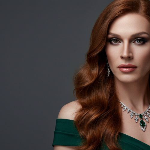 Eine Frau mit langem, welligem, rotem Haar, die ein elegantes, grünes, schulterfreies Kleid trägt, dazu eine auffällige Halskette und baumelnde Ohrringe als Accessoires, posiert selbstbewusst mit einer Hand in der Nähe ihres Halses.