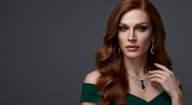 Una mujer de cabello largo y ondulado de color rojo, que luce un elegante vestido verde con hombros descubiertos, complementado con un collar llamativo y aretes colgantes, posa con confianza con una mano cerca de su cuello.