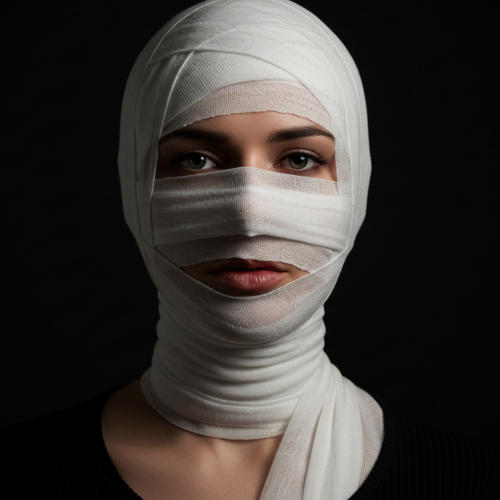 Eine Person, deren Kopf und Hals in weiße Bandagen gewickelt sind, sodass nur Augen, Nase und Mund sichtbar sind, vor einem dunklen Hintergrund.
