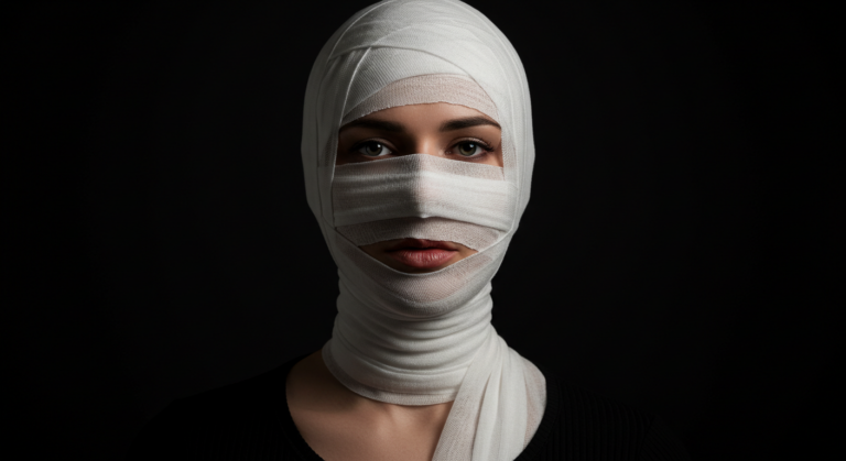 Una persona con la cabeza y el cuello envueltos en vendas blancas, dejando visibles sólo los ojos, la nariz y la boca, sobre un fondo oscuro.