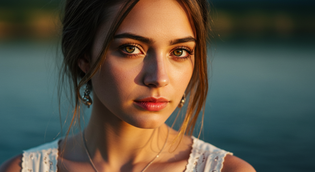 صورة مقربة لامرأة ذات عيون خضراء مذهلة وشعر بني طويل، تقف في الهواء الطلق في ضوء طبيعي.