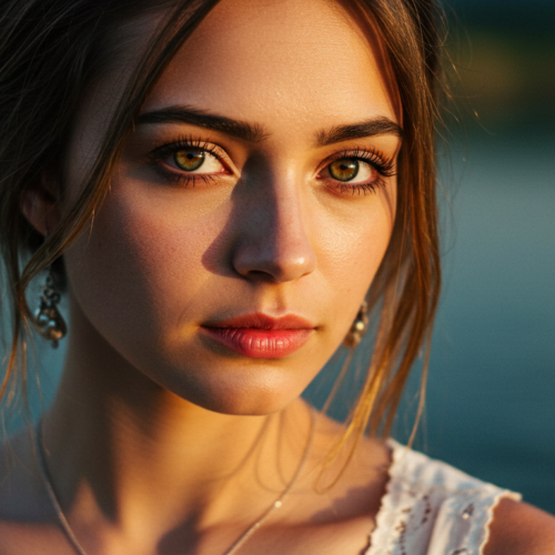 Ein Nahaufnahmeporträt einer Frau mit auffallend grünen Augen und langen braunen Haaren, die im Freien im natürlichen Licht steht.