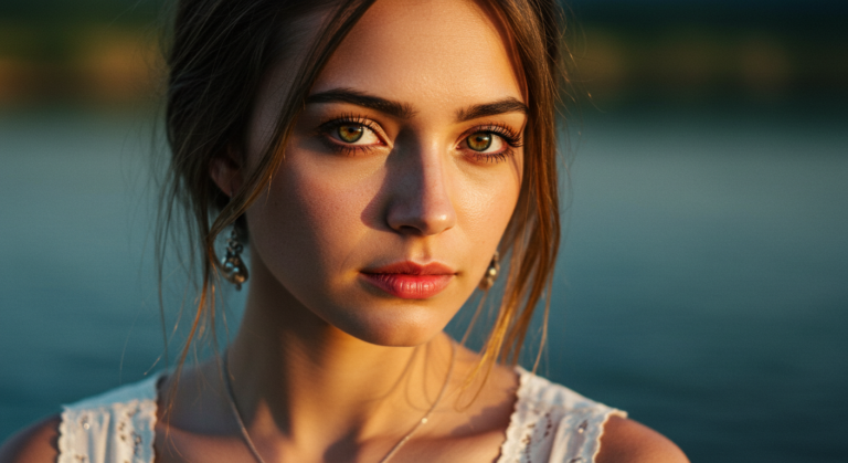 Un retrato en primer plano de una mujer con llamativos ojos verdes y cabello castaño largo, de pie al aire libre bajo la luz natural.