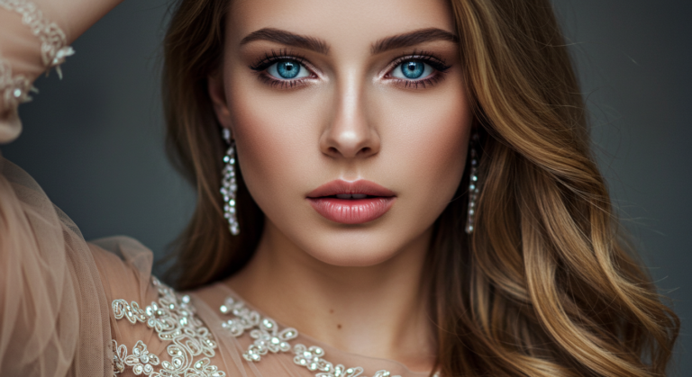 Retrato en primer plano de una mujer de llamativos ojos azules, luciendo elegantes joyas y un sofisticado vestido. El fondo está suavemente difuminado, resaltando sus rasgos faciales y los delicados detalles de su atuendo.