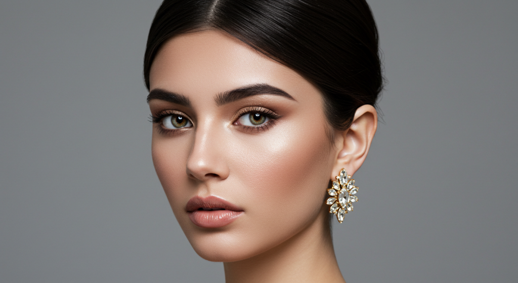 صورة مقربة لامرأة ذات مكياج أنيق وأقراط كبيرة مزخرفة، تبرز ملامح وجهها ومجوهراتها.