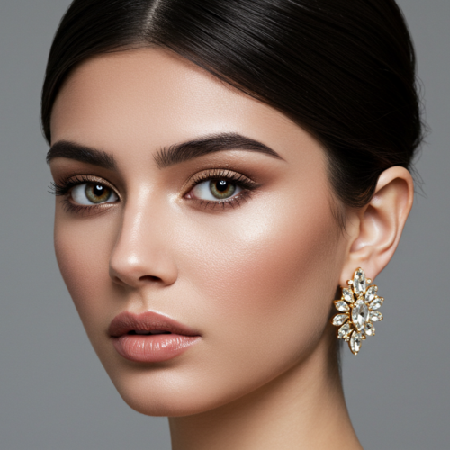 Portrait en gros plan d'une femme avec un maquillage élégant et de grandes boucles d'oreilles ornées, mettant en valeur ses traits du visage et ses bijoux.