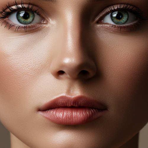 Un portrait en gros plan d'une femme aux yeux verts saisissants et à la peau impeccable, mettant en valeur sa beauté naturelle et son maquillage subtil.