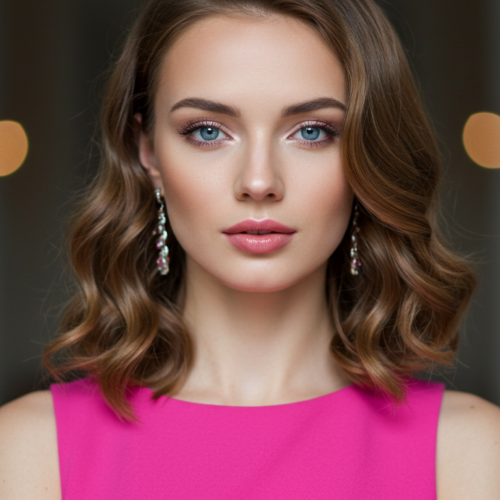 Ein Nahaufnahmeporträt einer Frau mit schulterlangem, welligem braunem Haar und auffallend blauen Augen, die ein leuchtend rosa ärmelloses Top und baumelnde Ohrringe trägt und selbstbewusst vor einem unscharfen Hintergrund posiert.