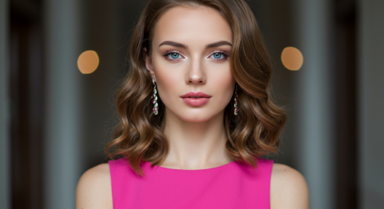 Un retrato en primer plano de una mujer con cabello castaño ondulado hasta los hombros y llamativos ojos azules, vestida con una vibrante blusa sin mangas de color rosa y aretes colgantes, posando con confianza contra un fondo de enfoque suave.