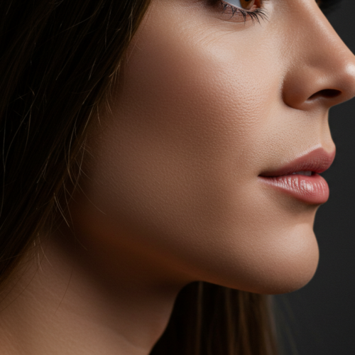 Nahaufnahme des Seitenprofils einer Frau mit glatter Haut und ausgeprägten Gesichtszügen vor dunklem Hintergrund.